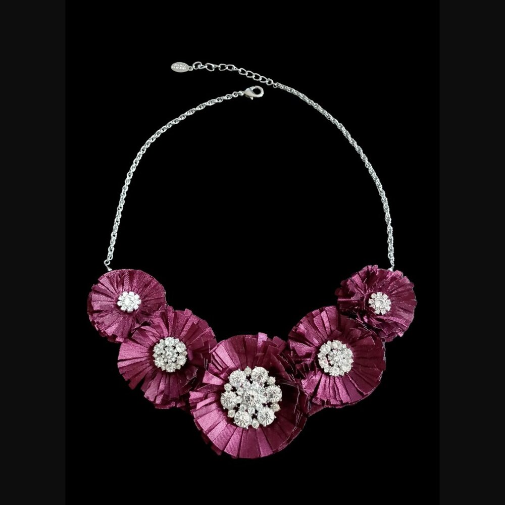 Ann Taylor Factory Silver Tone Crystal Maroon Flowers Felt Back Necklace 22.25"